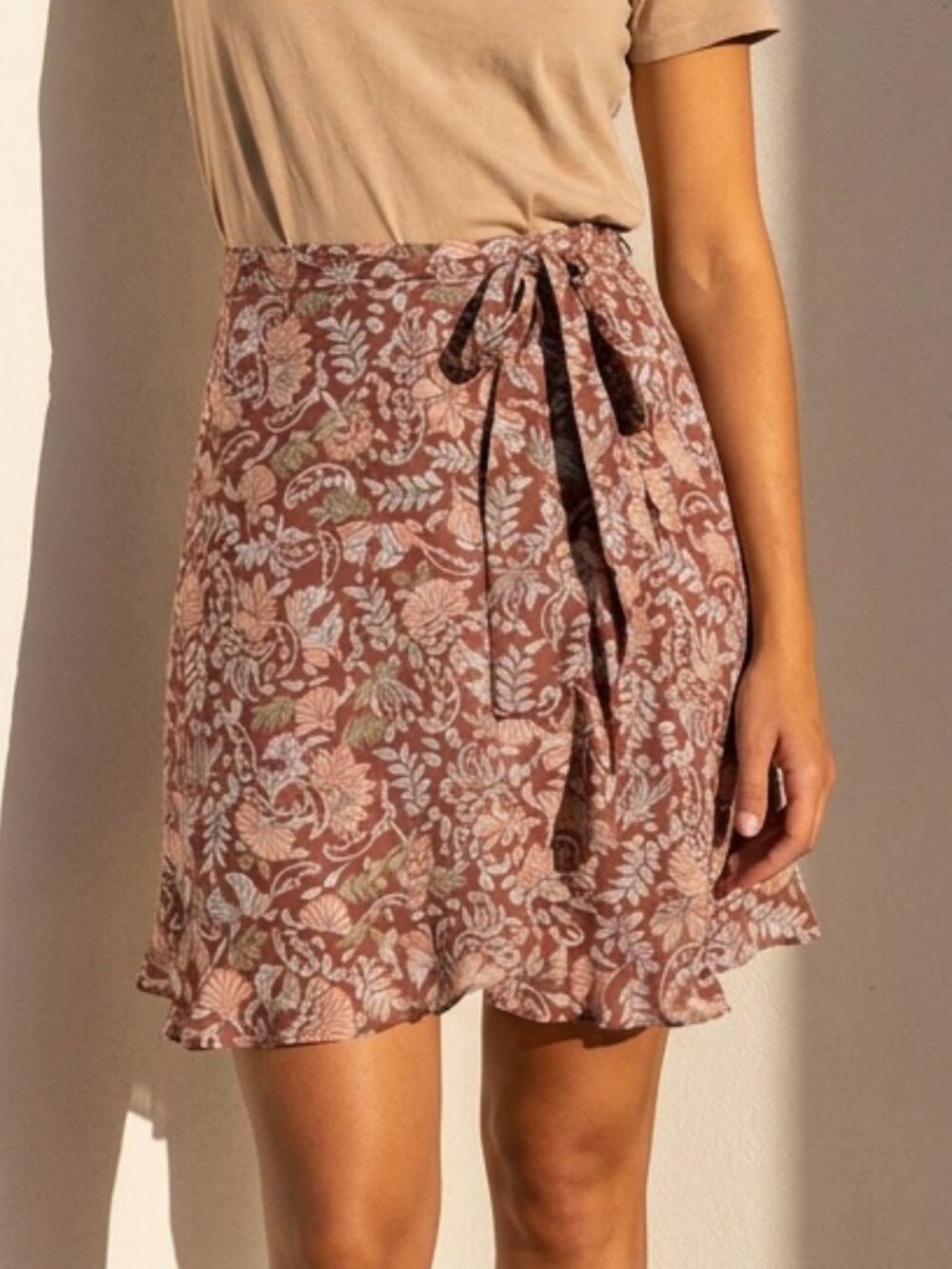 NWT Anthropologie Luca Wrap Chiffon Mini Skirt in Brown Floral Women’s Medium M